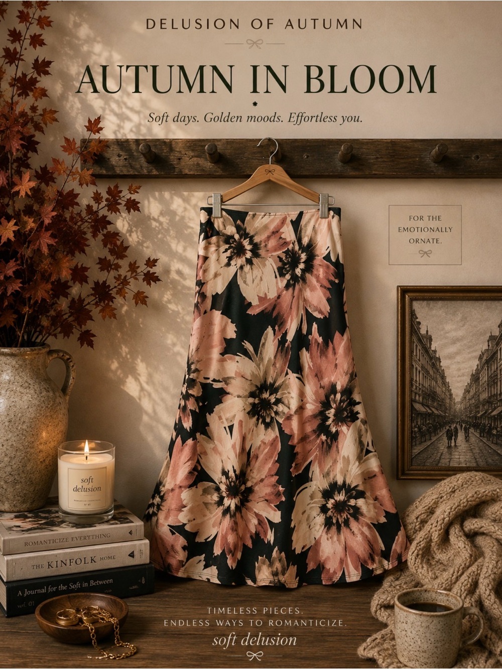 Floral A-Line Women’s Skirt in Blush Cream and Dark Green